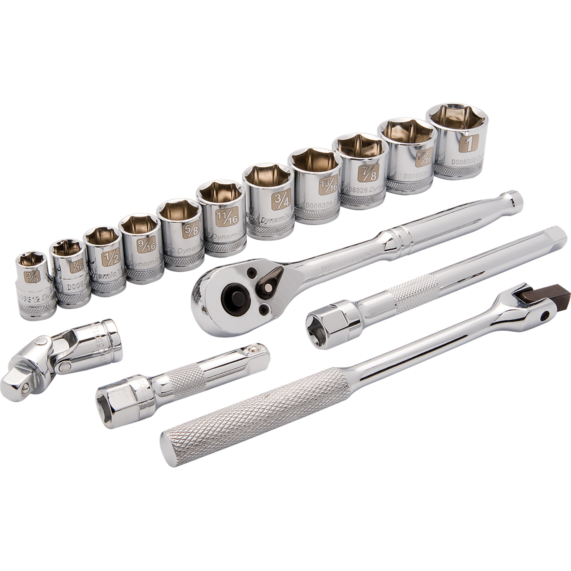 Dynamic Tools, 3/8in. 6 Point Standard SAE Socket Set, Measurement Standard Standard (SAE), Pieces (qty.) 16 Socket Set Type 3/8in. Drive Sets, Model# D010008